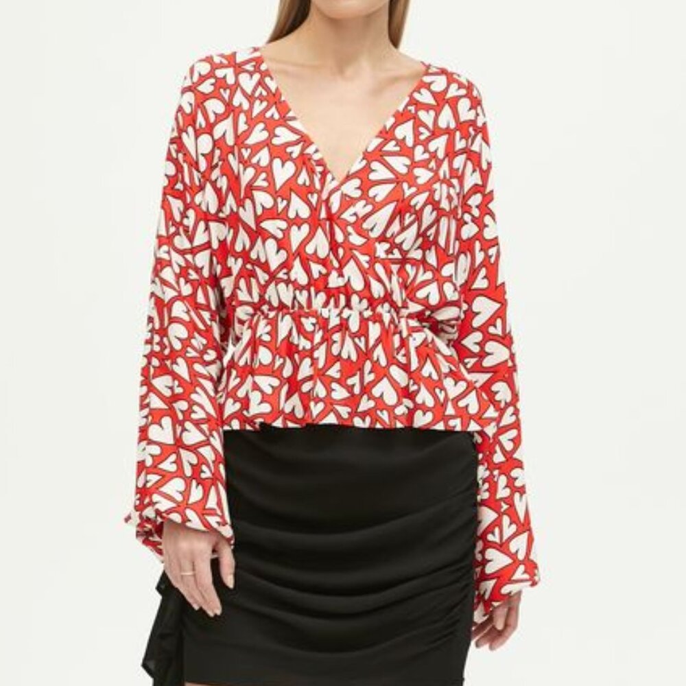 RHODE Red & White Hearts Peplum Mila Wrap Style Blouse Puffy Sleeves - size S